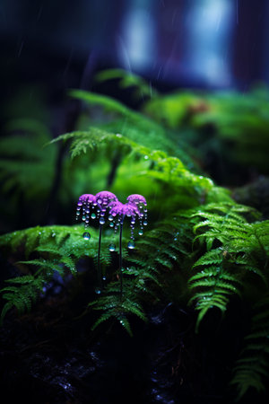 Couple of purple flowers sitting on top of lush green forest. Generative AI.の素材