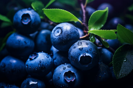 Close up of blueberries with water drops on them. Generative AI.の素材