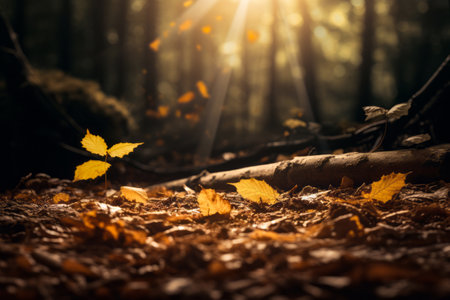 Leaf is laying on the ground in the woods with the sun shining through the trees. Generative AI.の素材