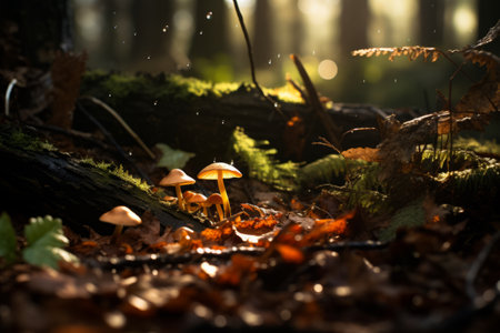 Group of mushrooms sitting on top of forest floor. Generative AI.の素材