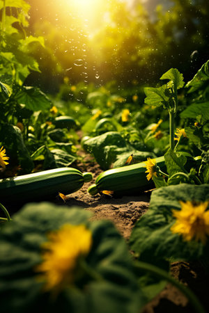 Cucumber is laying in the dirt near field of flowers. Generative AI.の素材