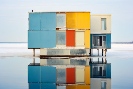 Colorful building with reflection of it in the water. Generative AI.の素材