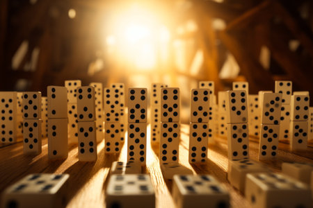 Close up of number of dominoes on table. Generative AI.の素材