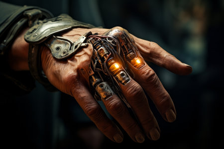 Person's hand with light on it and glove on it. Generative AI.の素材