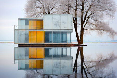 Building with yellow door is reflected in the water. Generative AI.の素材
