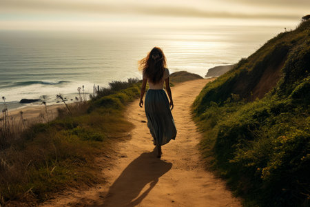 Photo for Woman walking down dirt road next to the ocean. Generative AI. - Royalty Free Image