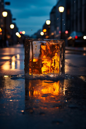 Glass of ice on wet street at night time. Generative AI.の素材