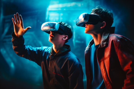 Two boys wearing virtual glasses in dark room with blue light. Generative AI.の素材