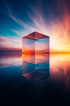 Glass cube sitting on top of body of water. Generative AI.の素材