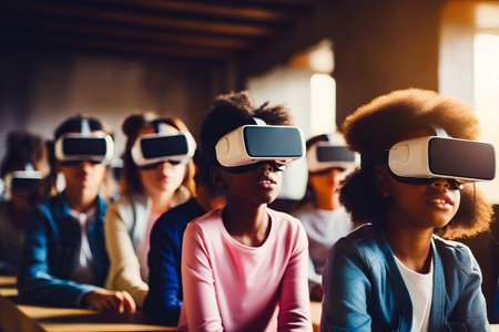 Group of people wearing virtual glasses in classroom with woman sitting in front of them. Generative AI.の素材