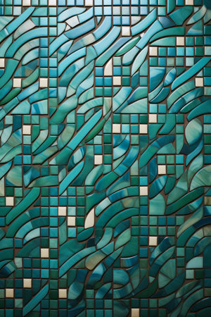 Mosaic tile wall with blue and green tiles on it. Generative AI.の素材