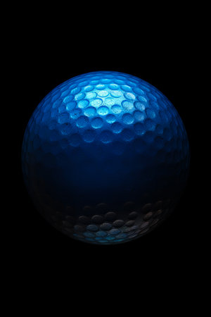 Blue golf ball with black background and black background. Generative AI.の素材