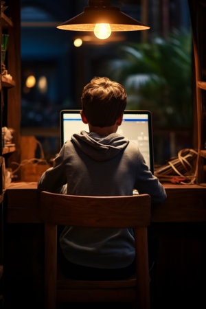 Young boy sitting at desk with laptop computer. Generative AI.の素材