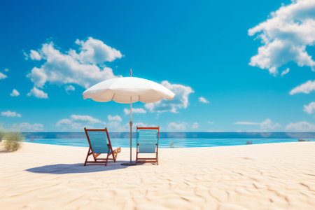 Two chairs and umbrella on beach with blue sky. Generative AI.の素材