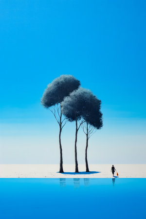 Man standing in the water between two trees with surfboard. Generative AI.の素材