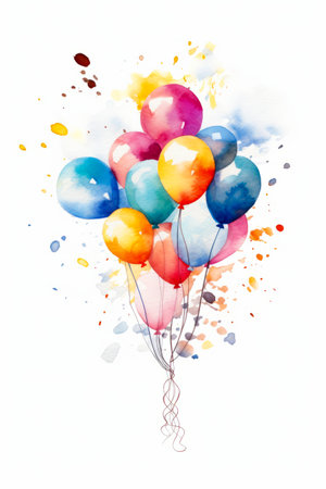 Image of bunch of balloons with watercolor splashes. Generative AI.の素材