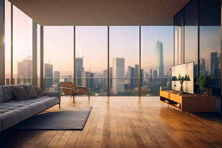 Living room with couch and tv on stand. Generative AI.の素材