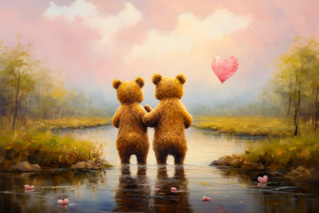 Two teddy bears standing in the water holding hands with heart shaped balloon. Generative AI.の素材