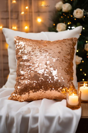 Gold sequin pillow with two candles on bed. Generative AI.の素材