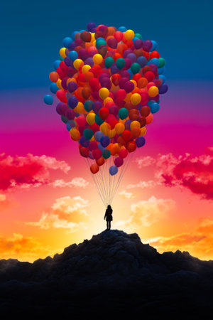 Person standing on hill with bunch of balloons. Generative AI.の素材