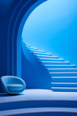 Blue room with chair and staircase in it. Generative AI.の素材