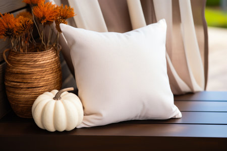 White pillow sitting on top of wooden table next to vase with flowers. Generative AI.の素材