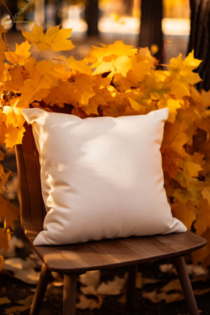 White pillow sitting on top of wooden chair next to tree. Generative AI.の素材