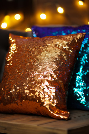 Close up of two shiny pillows on couch with lights in the background. Generative AI.の素材