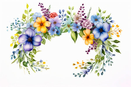Watercolor painting of flowers and leaves on white background. Generative AI.の素材
