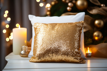 Gold sequin pillow sitting on white table next to lit candle. Generative AI.の素材