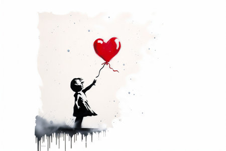Child holding red heart balloon in the air with dripping paint. Generative AI.の素材