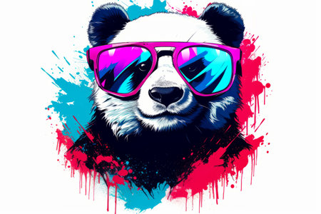 Panda bear wearing sunglasses with splash of paint on it. Generative AI.の素材
