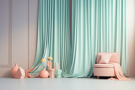 Room with couch, chair, and curtains in it. Generative AI.の素材