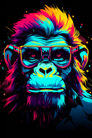 Monkey wearing glasses with colorful background and black background. Generative AI.の素材