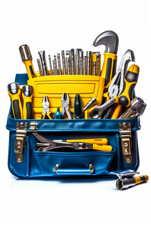 Tool bag filled with tools and tools on white background. Generative AI.の素材