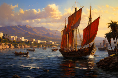 Image of boat sailing in the ocean with city in the background. Generative AI.の素材