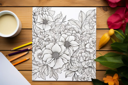 Image of flowers on paper next to cup of coffee. Generative AI.の素材