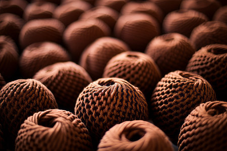 Close up of bunch of balls of yarn on table. Generative AI.の素材