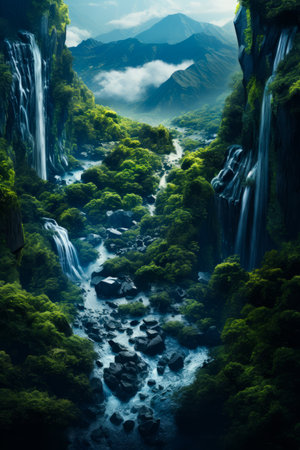 Image of river flowing through lush green forest. Generative AI.の素材