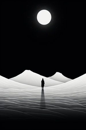 Person standing in the middle of the desert under full moon. Generative AI.の素材