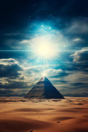 Pyramid in the desert with bright light coming from it. Generative AI.の素材