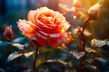 Rose with water droplets on it in the sun light. Generative AI.の素材
