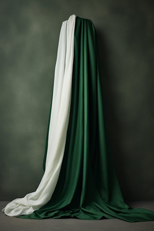 Green and white curtain hanging from metal rod with white curtain. Generative AI.の素材