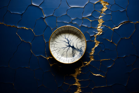 Plate with cracked surface and cracked surface in the background. Generative AI.の素材