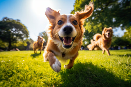 Dog running through field with other dogs in the background. Generative AI.の素材