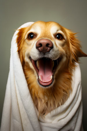 Dog with towel on its head and it's mouth open. Generative AI.の素材