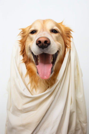 Dog with white blanket around its neck and mouth. Generative AI.の素材
