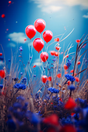 Bunch of red balloons floating in the air over field of blue flowers. Generative AI.の素材