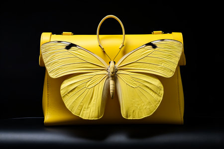 Yellow butterfly purse with black and white butterfly on it. Generative AI.の素材