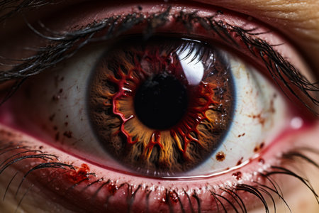 Close up of human eye with blood on it. Generative AI.の素材